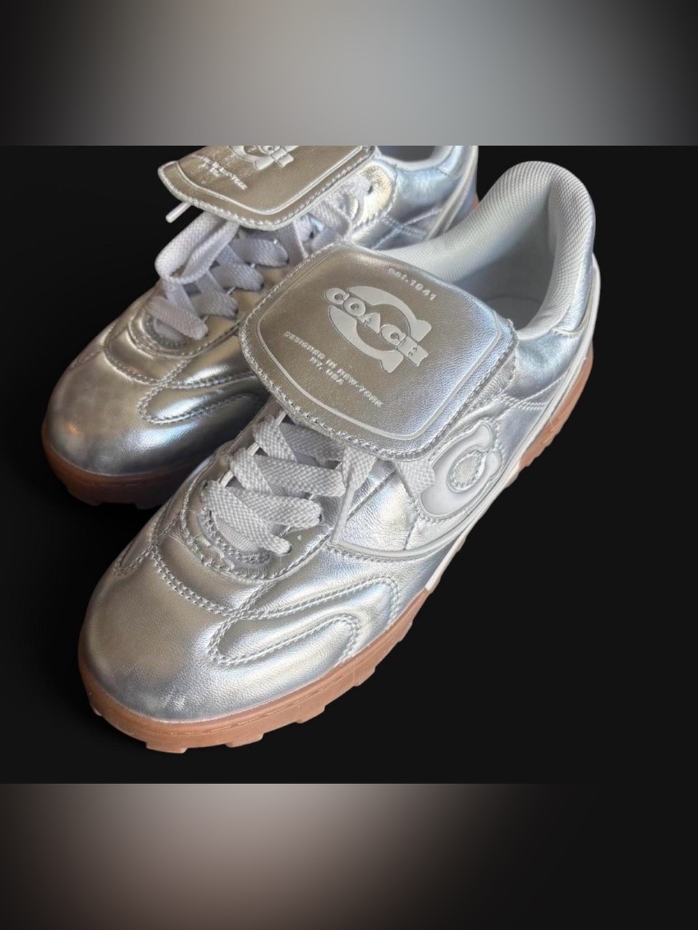 Coach Women’s Silver Metallic Sneakers with Gum Tread
